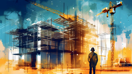 illustration digital building construction engineering with double exposure graphic design. Building engineers, architect people or construction workers working with modern civil equip. generative AI. - obrazy, fototapety, plakaty