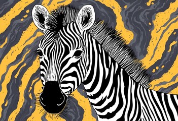 AI generated illustration of a black and white striped zebra against a yellow and black wall