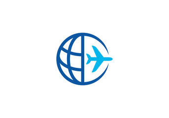 tour and travel logo design. airplane with globe icon template. - obrazy, fototapety, plakaty
