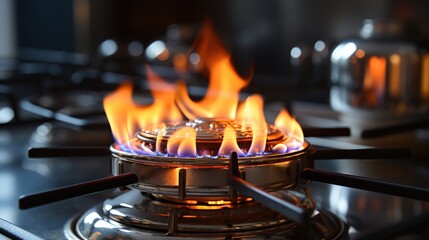 Flame of cooking gas stove burning color on kitchen background - obrazy, fototapety, plakaty