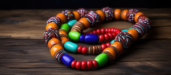 Authentic African necklace with vibrant handmade beads. Skillful local artisans. South African craft market. - obrazy, fototapety, plakaty