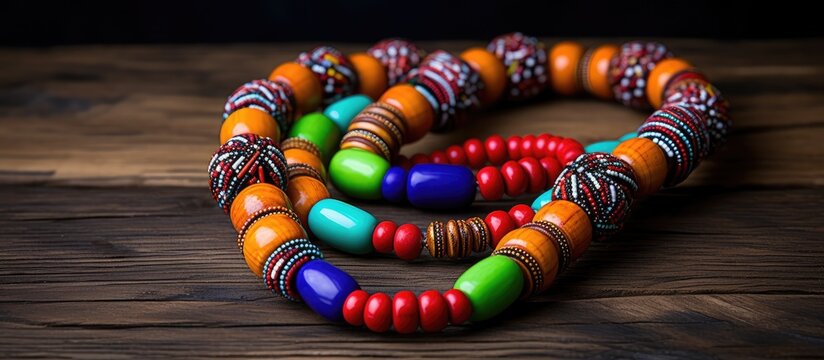Authentic African necklace with vibrant handmade beads. Skillful local artisans. South African craft market.