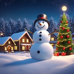 Obraz premium Snowman in village at christmas night. 3D illustration. Winter background. Merry Christmas and New Year concept