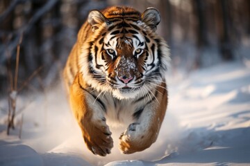a big wild cat, huge orange bengal male tiger running through the snowy terrain looking into the camera, approaching quickly, close-up - obrazy, fototapety, plakaty