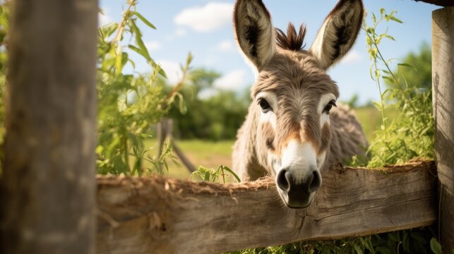 Curious donkey peeking over a wooden fence, friendly face amidst sunny countryside greenery.