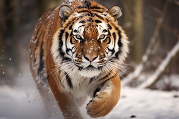 Fototapeta na wymiar a big wild cat, huge orange bengal male tiger running through the snowy terrain looking into the camera, approaching quickly, close-up