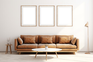 mock up. Interior of living room with white sofa, coffee table and vase. Interior of modern living room with brown walls, wooden floor, comfortable white sofa and mock up poster frame.