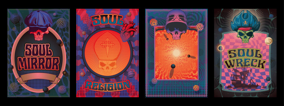 Abstract Poster Templates, Skulls Shipwreck, Human Heart, Planets and Stars. Geometric Shapes and Psychedelic Color Backgrounds 