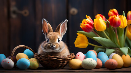Easter bunny tulip flowers eggs decoration wooden background.