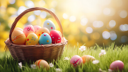 Easter eggs in basket on green grass and blur Background.
