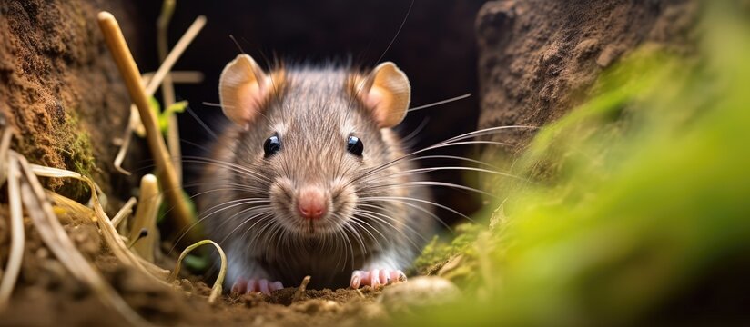 Brown rat emerging from hole in Gloucestershire, UK.
