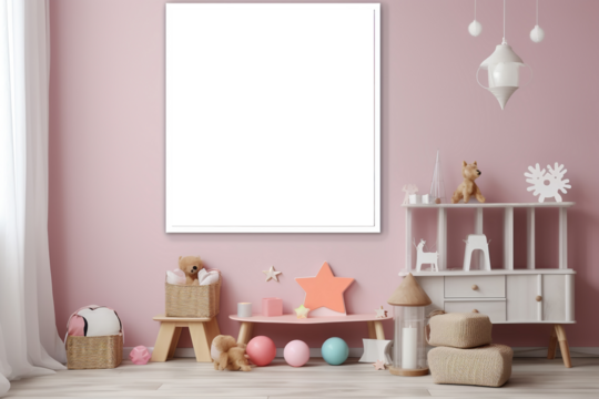 minimalist children's room with pink wall. Children's room with a picture frame on the walls in white and cream colors. mock up poster frame