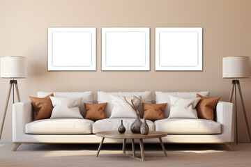 mock up. Interior of living room with white sofa, coffee table and vase. Interior of modern living room with brown walls, wooden floor, comfortable white sofa and mock up poster frame.
