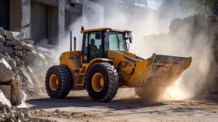 A wheel loader works to scoop rocks in a cement factory. - obrazy, fototapety, plakaty