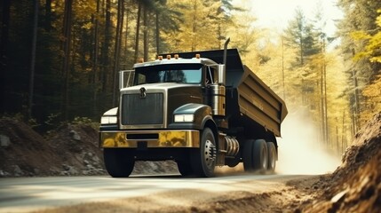 A dump truck carries coal, sand and rocks. The truck is moving along a dirt road in the forest.