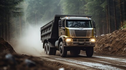 A dump truck carries coal, sand and rocks. The truck is moving along a dirt road in the forest. - obrazy, fototapety, plakaty