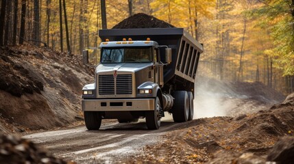 A dump truck carries coal, sand and rocks. The truck is moving along a dirt road in the forest.