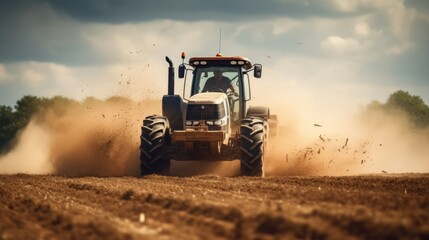 Naklejka premium Farmers are preparing land for planting. Use a tractor with a tail to plow the dirt at the back. There is dust.