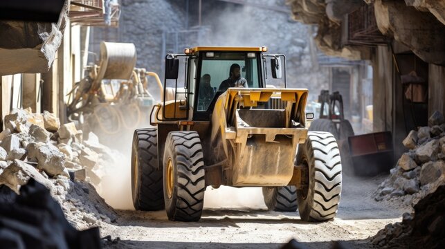 A wheel loader works to scoop rocks in a cement factory.