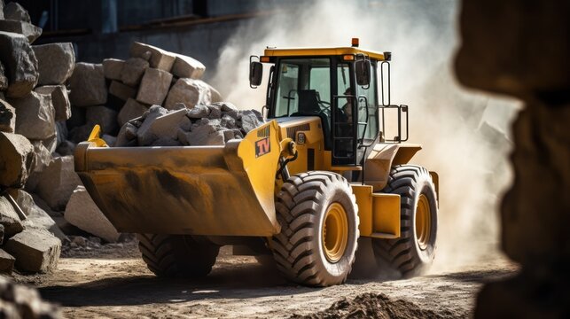 A wheel loader works to scoop rocks in a cement factory.