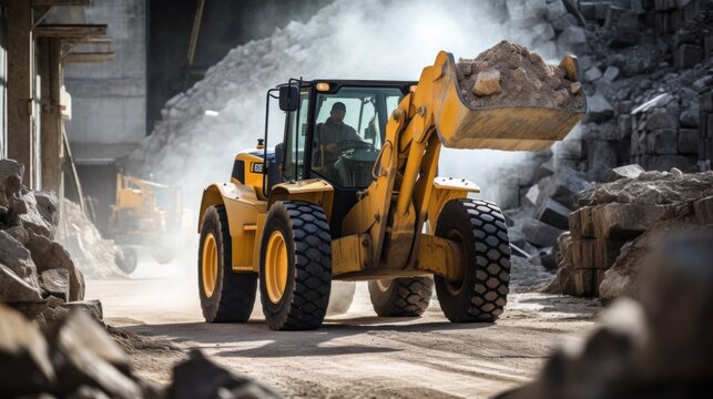 A wheel loader works to scoop rocks in a cement factory.