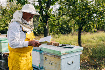 Beekeeper holding a notebook standing next to beehives.