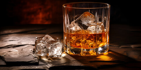 Whiskey with ice in glass,Golden Amber Whiskey with Glistening Ice