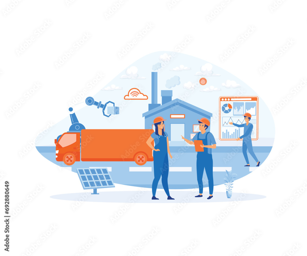 Poster smart factories and working people use wireless technology to control. for work flows with smart dev