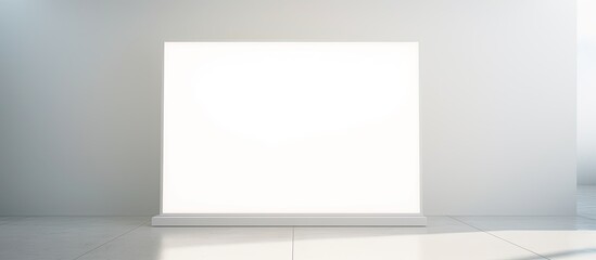 Sunlight reflecting on a blank art mockup poster hung on a white wall.