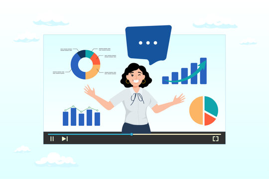 Businesswoman expert explain business pie chart in video interface, explainer video online tutorial or training course, expertise explaining business strategy online, movie video clip (Vector)
