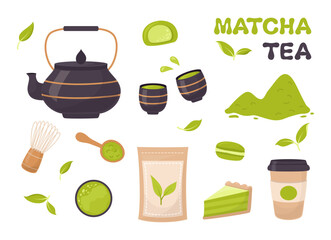Matcha tea. Set of tea matcha powder, teapot, tea leaves, whisk, spoon, traditional cup and matcha dessert in flat style. Tools for Japanese matcha tea ceremony.