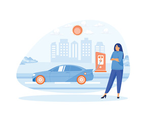 Woman electric car near charging station.  flat vector modern illustration 