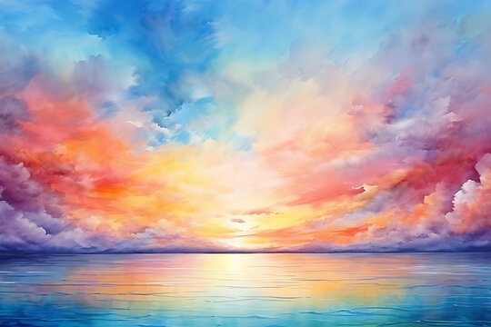 Watercolor painting realistic Stunning colorful sky at sunrise or sunset crop the long panorama