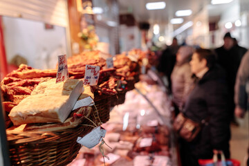 A Diverse Group of People Gathered Outside a Well-Stocked Food Store