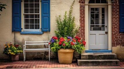 Fototapeta na wymiar A_colonial_house_brick_porch_door_flower