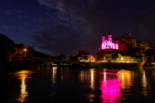 church of Aarburg illuminated in pink color