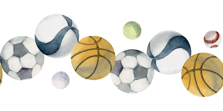 Hand drawn watercolor sports gear equipment, mix of balls for game practice, health fitness lifestyle. Illustration isolated seamless border white background. Design poster, print, website, card, shop