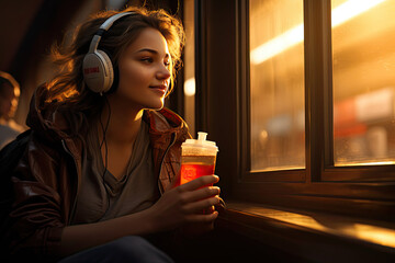 a woman with headphones is holding a water bottle and a soda