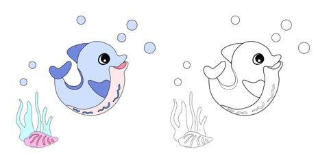 Coloring book Dolphin with shells, bubbles and algae in the ocean. For posters, prints on clothes.