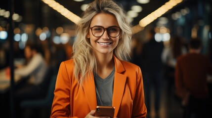 Stylish young happy businesswoman wearing glasses and holding mobile phone in office
