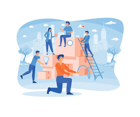 Online assistant at work. People searching for new ideas solutions, working together in the company, brainstorming, collaboration. flat vector modern illustration 