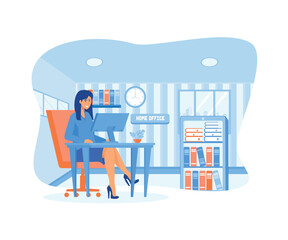 Woman working from home and talking to colleagues online. Woman sitting at table in room, looking at computer screen. flat vector modern illustration