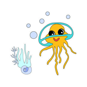 Cheerful jellyfish with bubbles and algae in the ocean. For posters, prints on clothes. Vector