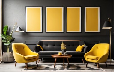 modern living room features a mid-century, vintage, retro style with a black sofa and yellow chairs placed against a wall adorned with a poster frame