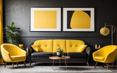 modern living room features a mid-century, vintage, retro style with a black sofa and yellow chairs placed against a wall adorned with a poster frame