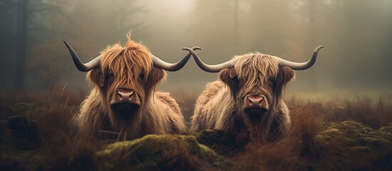 Hairy highlanders in a Netherlands national park. - obrazy, fototapety, plakaty