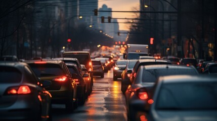 Fototapeta premium Behind the traffic jam on the city road at dusk