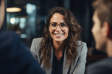 A businesswoman leading a meeting with two colleagues in a modern office setting.