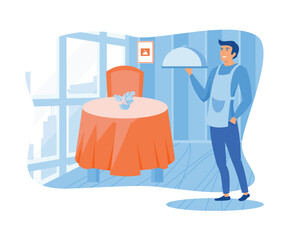 Male hotel waiter serving a banquet. flat vector modern illustration 