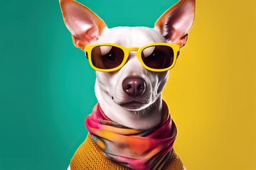 Fototapeta premium sunglasses fashion wearing dog white terrier portrait funny animal cute head pop art yellow pink neon